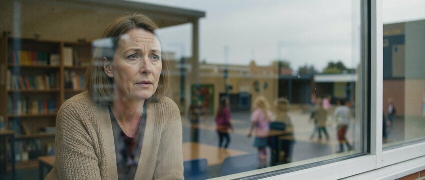 Thoughtful woman looking out window in school library. Concerned teacher or parent watching children on playground. Education and child welfare concept