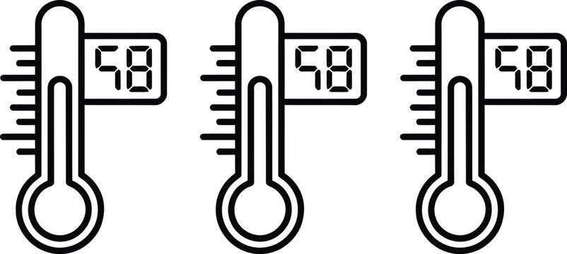 Thermometer icons, temperature gauges, digital thermometers, black and white graphics
