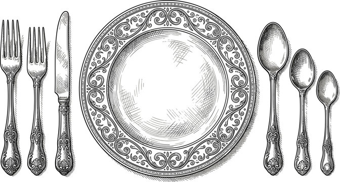 Ornate vintage dinner table setting hand drawn engraving style with detailed plate forks knife and silver spoons