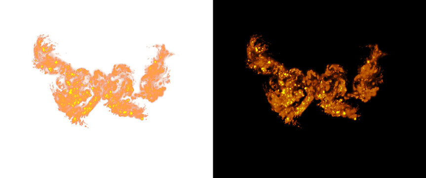 Fiery letter W burning in flames, orange fire alphabet character on black and white backgrounds, glowing heat element for creative typography