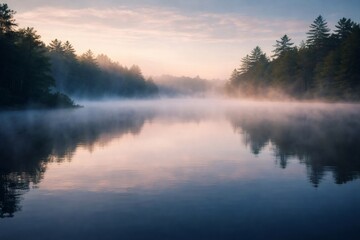 Fototapeta premium Calm water reflecting a dense forest and morning sky, with a serene mist hanging over the surface creating a peaceful and natural wilderness scene at dawn