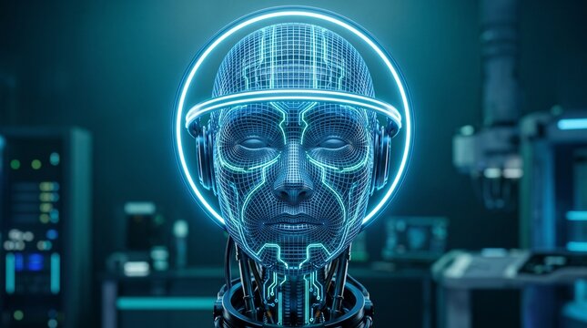 Futuristic artificial intelligence robot head with glowing digital brain in high tech laboratory