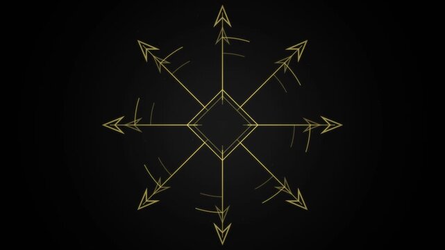 Golden Arrows Geometric Symbol Rotating on Dark Abstract Background