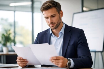 Fototapeta premium Professional businessman intently reviewing documents and reports, demonstrating concentration and diligence while preparing for a corporate presentation or significant decision making