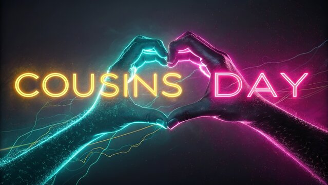 Neon Cousins Day heart hands symbolize love, unity, and lasting family bonds.