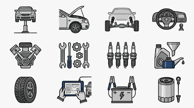 Creative Black and White Line Art Illustrations of Essential Car Maintenance and Repair Tools and Components
