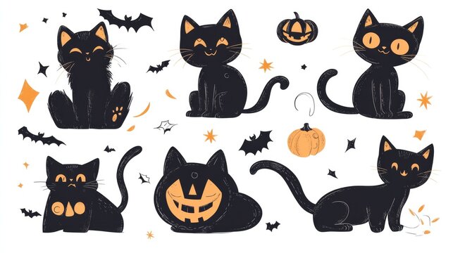Cute Halloween Cats Wearing Witch Costume for Graphic Designer Set-Bundle Kittens