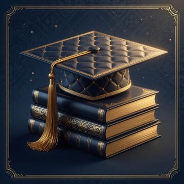 Graduation cap and stack of vintage books on dark blue background representing academic success and knowledge