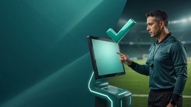 Referee reviewing football match decision using var system on field, ensuring fair play and sports integrity