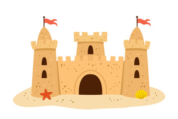 Sandcastle beach summer resort fortress. Ocean coast vacation travel holiday theme with towers gate red flags starfish yellow shell. Tropical sunny marine recreation relaxation island tourism © oksanagrytsyuk