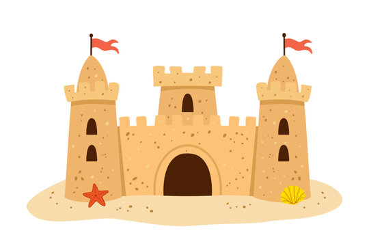 Sandcastle beach summer resort fortress. Ocean coast vacation travel holiday theme with towers gate red flags starfish yellow shell. Tropical sunny marine recreation relaxation island tourism