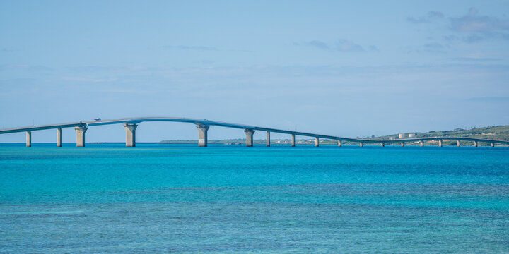 Panorama of Irabu bridge connecting Miyakojima and irabujima islands taken from miyako island Japan