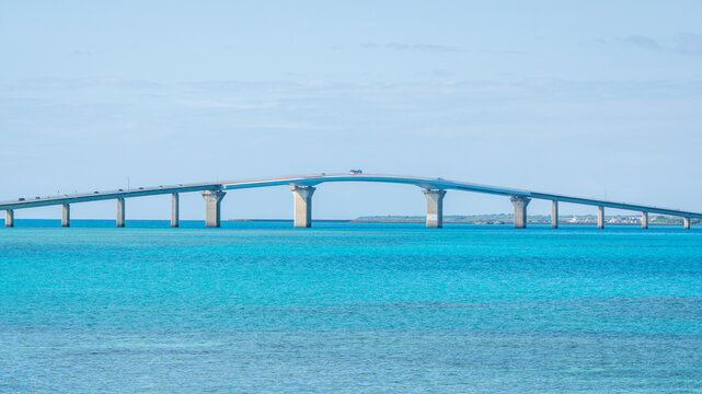 Panorama of Irabu bridge connecting Miyakojima and irabujima islands taken from miyako island Japan