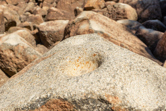 Detailed view of weathered diabase boulders at Ringing Rocks County Park in Bucks County, Pennsylvania, emphasizing natural textures and geological formations.
