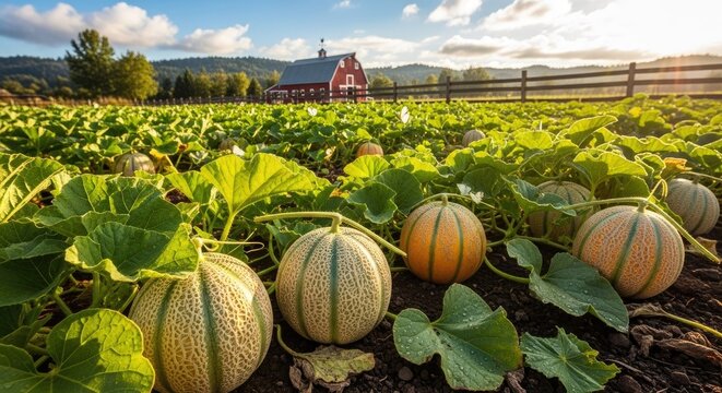 Cantaloupe melons growing in field near rural barn.