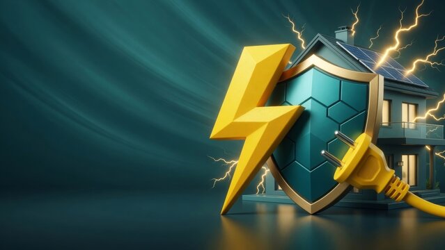 Shield protecting home with solar panels from lightning, illustrating energy security and surge protection