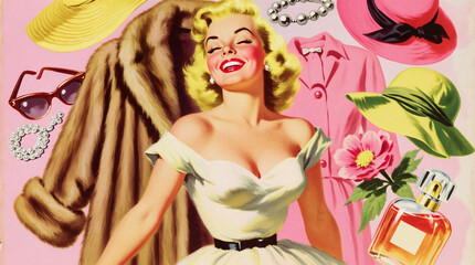 Fototapeta premium vintage collage illustration featuring glamorous blonde woman surrounded by fashion items, including fur coat, sunglasses, pearls, hats. Concept of consumerism, luxury life