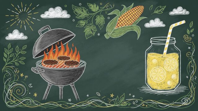 Summer backyard bbq concept with sizzling burgers on a grill, refreshing lemonade, and corn on the cob on a chalkboard