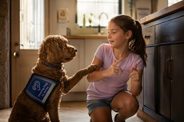 Deaf child interacting with hearing alert dog in home kitchen, dog in blue assistance vest tapping arm to signal sound alert.