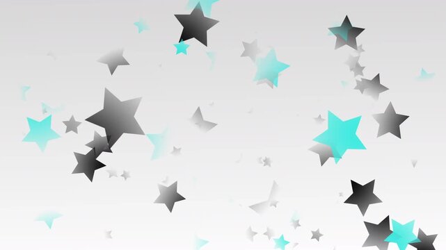 rising stars corporate fun background 4K animated motion video white backdrop with a star themed foreground of rising teal, black and grey faded star shapes floating up the screen