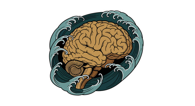 A stylized illustration of a human brain enveloped by swirling ocean waves, symbolizing the mind's connection to nature or the vastness of thought.