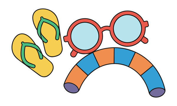 Summer pool party accessories with sunglasses flip-flops and pool noodle on white background vibrant vacation concept