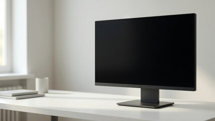 Fototapeta premium Blank computer monitor screen sitting on a simple white desk, creating a minimalist workspace in a clean home office