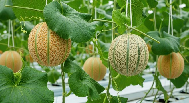 Fresh cantaloupe melons growing on vines in greenhouse.