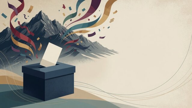 Ballot box receiving a vote in a mountain landscape during elections, celebrating democracy and freedom with vibrant confetti