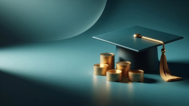 Graduation cap and stacked coins representing education costs, student loans, scholarships, and financial aid