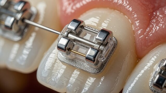 Closeup of ceramic braces and archwire on teeth showing orthodontic treatment for improved smile and alignment