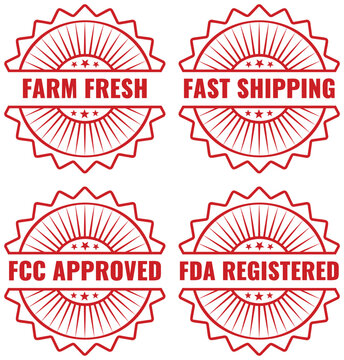 Collection of four circular red stamps including farm fresh fast shipping fcc approved and fda registered text
