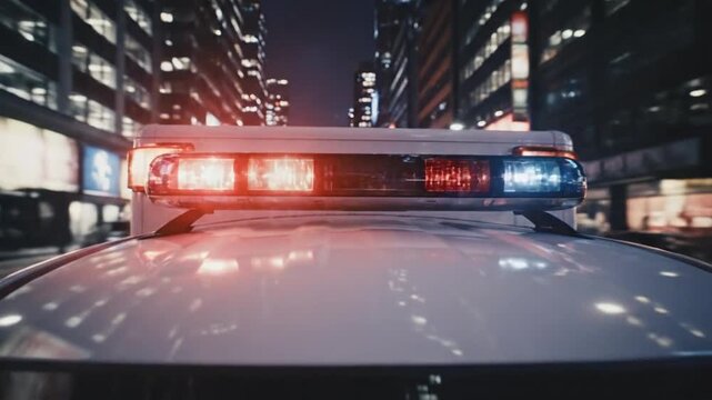 Night City Police Lights Flashing, Rotating Red Blue Emergency Beacon On Roof Of Patrol Vehicle Racing Through Neonlit Downtown, Blurred Billboards And Skyscraper Reflections, Wet Pavement Reflecting