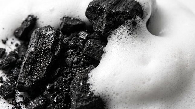 Extreme macro photography of crushed activated charcoal texture in white cosmetic foam lather