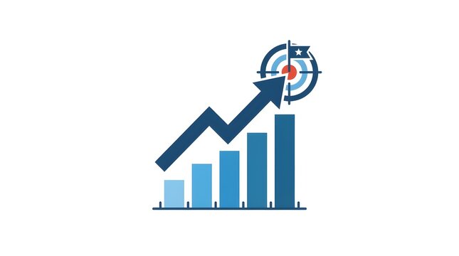 Flat vector illustration of a business growth and target achievement concept. Features a rising blue bar chart with a large, bold upward-trending arrow hitting an archery target bullseye that is marke