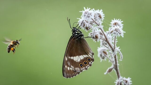 A bee flying towards a brown butterfly perched on a frostcovered plant