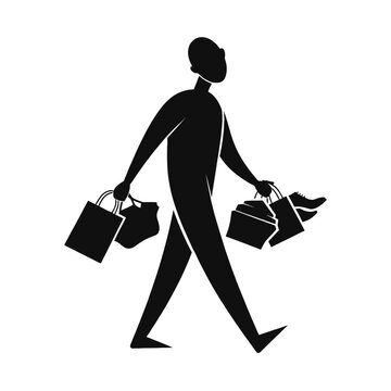 Shopper silhouette carries multiple bags while moving across a stark white background surface.