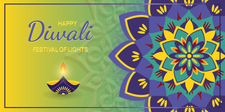 Diwali Deepavali festival of lights holiday design with diya, Indian Rangoli, purple, violet, yellow background