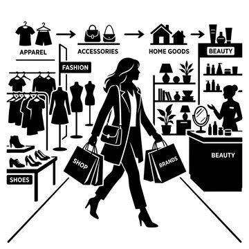 Shopper moves through a retail department store environment filled with apparel and beauty goods.