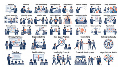 Fototapeta premium Comprehensive business management and leadership icon collection for corporate strategy with business management leadership strategy planning teamwork corporate development mentoring