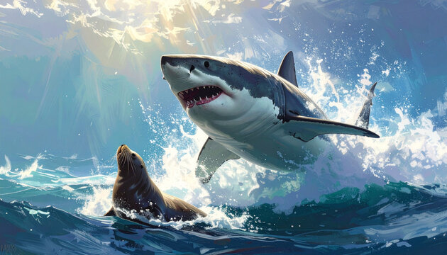Great White Shark Swimming Through Deep Blue Ocean Above Coral Reef with Powerful Jaws in Tropical Underwater Marine Habitat
