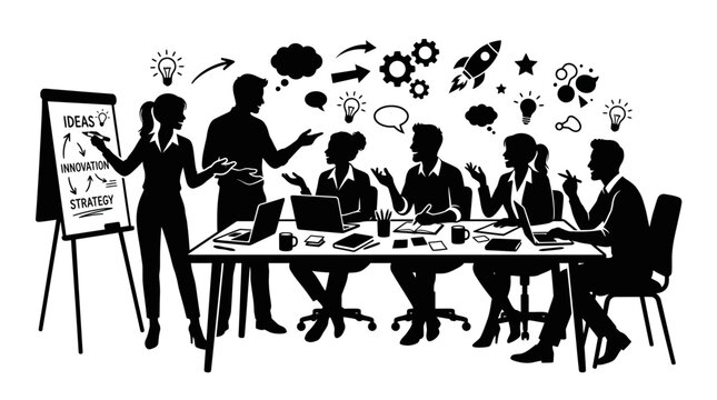 Business team members brainstorm creative concepts together in a collaborative meeting environment.