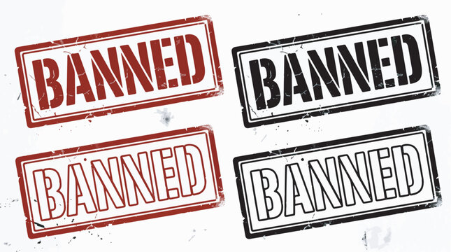 Four distinct vector illustration designs featuring the word banned inside rectangular distressed grunge ink stamp borders