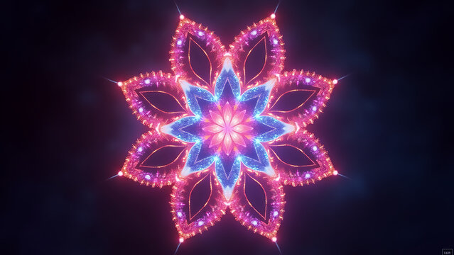 Fractal flower geometric symmetry glowing neon & dreamy watercolor soft pastel & circular vortex glowing particles deep space & pastel gradient mesh peach lavender teal

