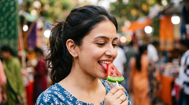 Cheerful woman eating a watermelon candy pop while walking through a vibrant, bustling outdoor street market.