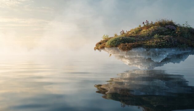 Small grassy islet floating above calm water in misty atmosphere with floating