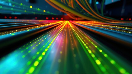 Fototapeta premium Bright streaks converge toward distant point. Vivid colors dominate dark background. Futuristic, dynamic visual effect.
