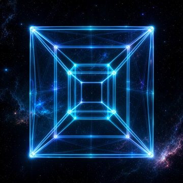 Glowing blue tesseract hypercube floating in space, four-dimensional geometric projection