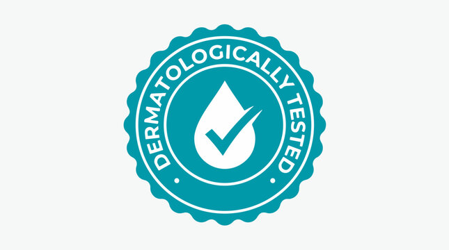 Flat vector graphic badge featuring a dermatologically tested label with a white droplet and checkmark