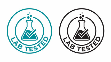 Two circular lab tested vector graphic stamps featuring a scientific flask and a check mark © Faiz art
